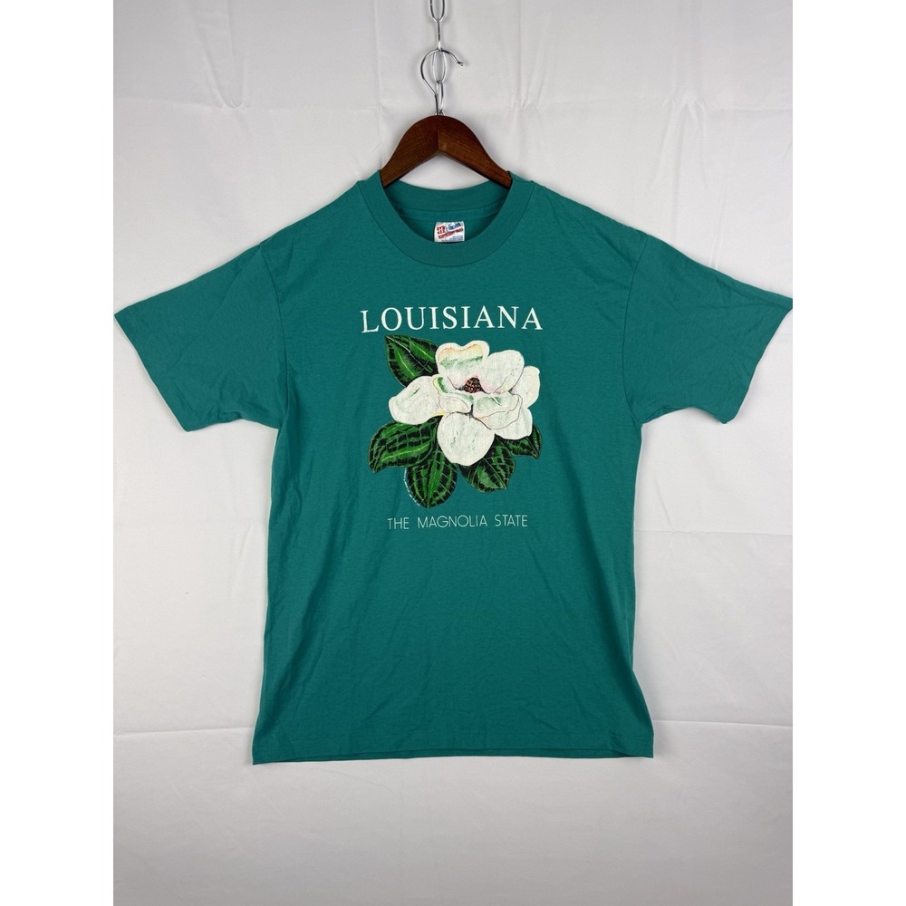 Vintage 90s Louisiana The Magnolia State T Shirt Green Souvenir Flower Graphic L